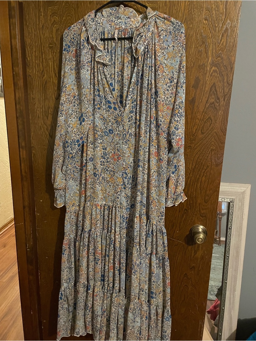 Free People Floral Tiered Maxi Dress in Blue and Cream